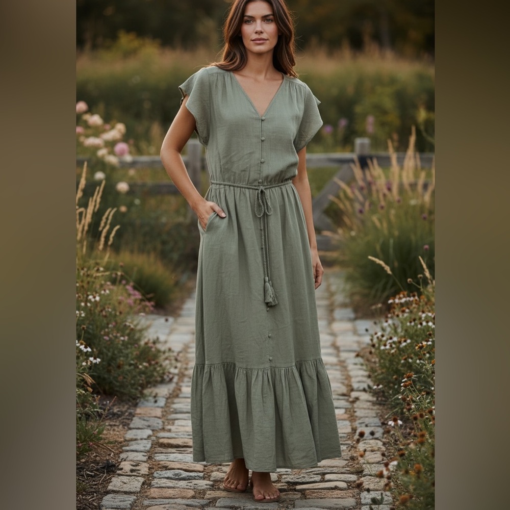 Lucky Brand Gauze Cotton Sage Midi Maxi Dress Tiered Hem Cottage Boho SZ 14-16 - Picture 13 of 13